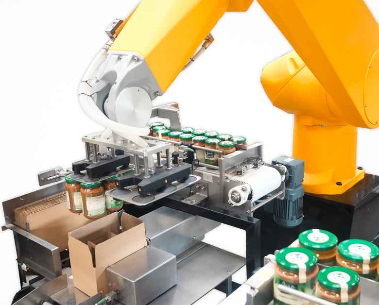 Encaisseuse robot en train de mettre en caisse des pots en verre