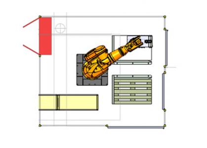 Plan 2D vue de dessus du palettiseur compacte de caisses en bois