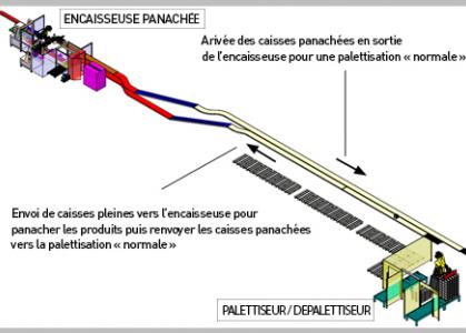 plan dépalettiseur de caisses et encaisseuse panachée